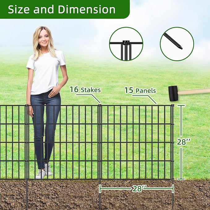 FOREHOGAR Metal Garden Fence 28in (H) x 35ft (L), 15 Panels + 16 Stakes Dog Fence Border Fence Animal Barrier, No Dig Garden Fencing for Yard Flower Bed Lawn Patio Outdoor, PIN282815 Black