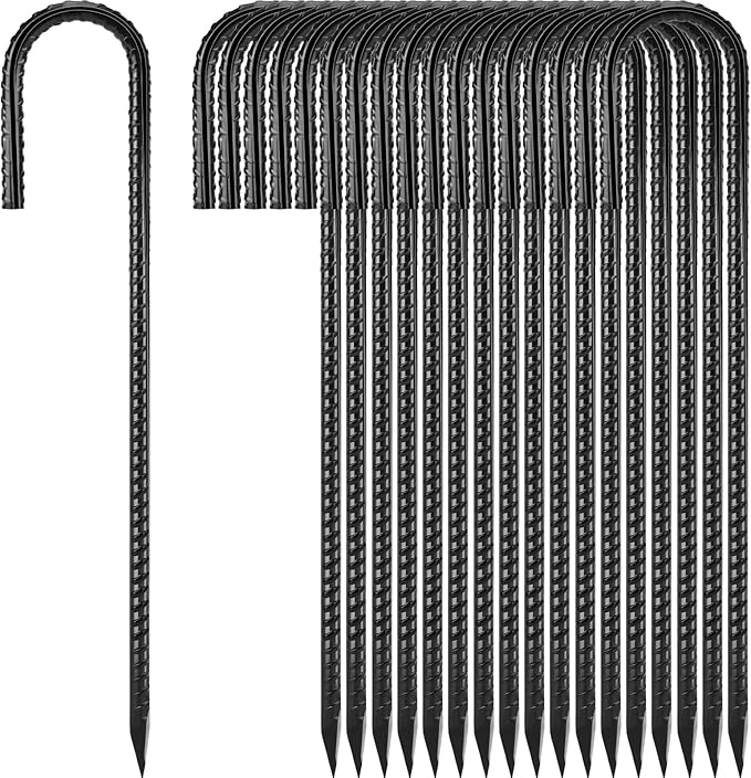 Homwin Ground Stakes 12 inches 18-Pack J Hook Rebar Stakes 5/16" Diameter Tent Stakes Heavy Duty Metal Stakes for Outdoor Decorations, Yard Inflatables and Chain Link Fence