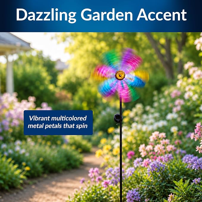 Alpine Corporation IHD144SLR Solar Flower Spinner Garden Stake with Fiber Optic LED Center, Metal Wind Spinner Yard Decor, Outdoor Solar Powered Lawn & Patio Decoration