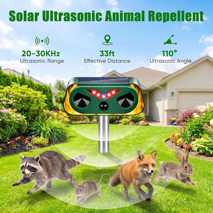 2026 Upgraded Solar Ultrasonic Animal Repellent Outdoor, Waterproof Deer Cat Dog Squirrel Raccoon Rabbit Deterrent with Motion Sensor & Flashing Light for Yard Garden Lawn Farm (2-Pack)