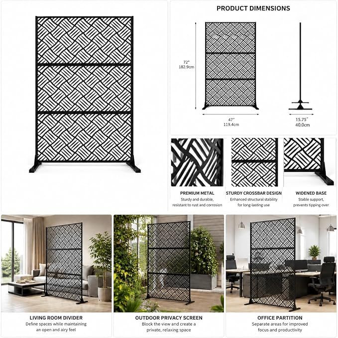Metal Privacy Screen with Stand, 72" H x 47" W Outdoor Freestanding Privacy Panels, Durable Steel for Patio Garden Balcony or Backyard