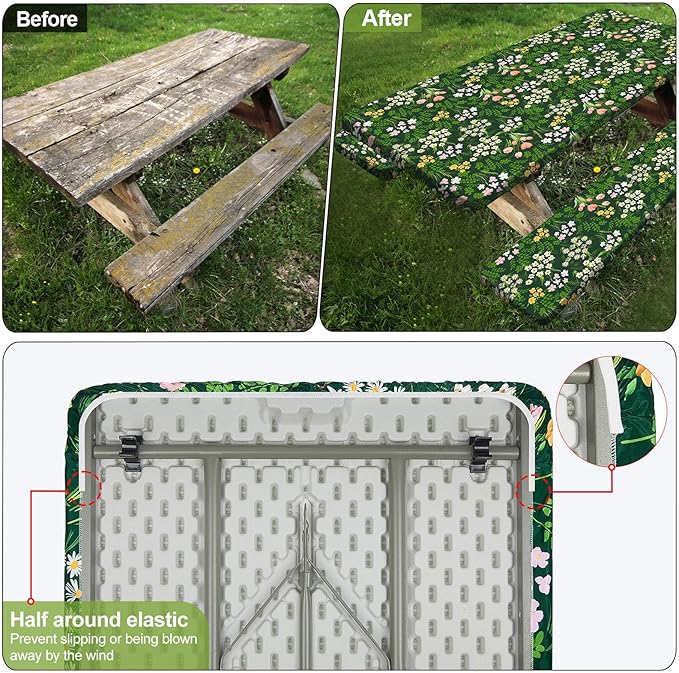 Play Tailor Picnic Table Cover with Bench Covers Camping Essentials Waterproof Windproof Camping Tablecloth with Drawstring Bag, Fitted Rectangle Tables and Seats, 72in, Green Pink