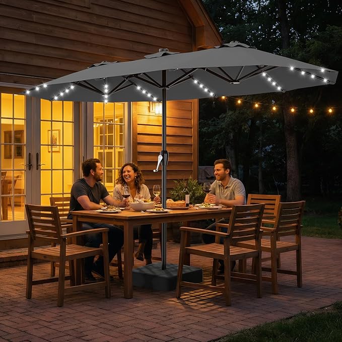 AreShark 15FT Patio Umbrella with Solar Lights, Double Sided Outdoor Table Umbrellas with Crank, Large Rectangular Market Umbrella for Porch, Lawn, Pool, Backyard, Gray