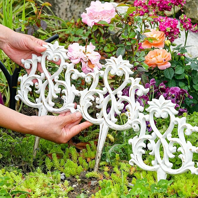 Sungmor Decorative Cast Iron Garden Edging,4 Pack Vintage Garden Border Fence for Lawn, Flower Beds and Patio,Heavy Duty Rustic Ornate Metal Fences,White Finish