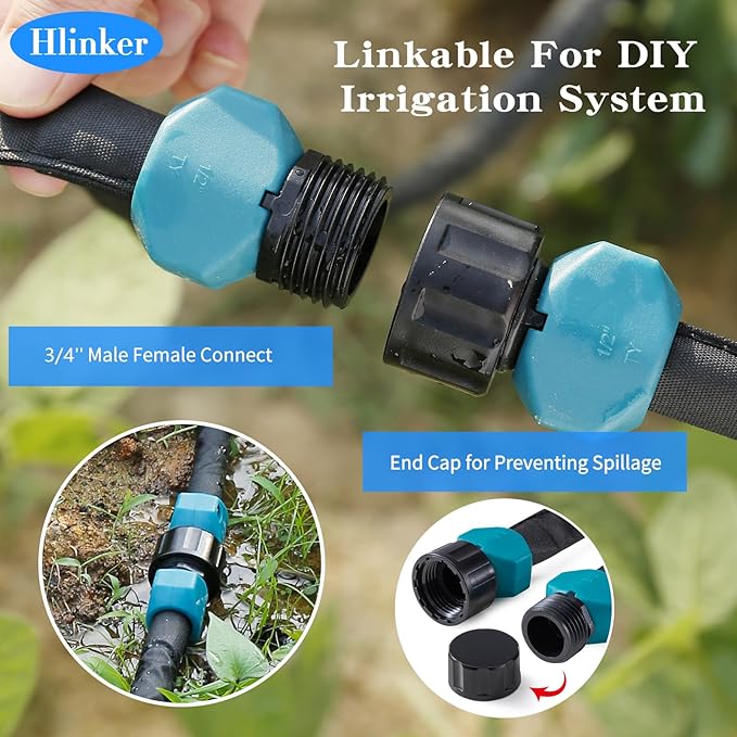 Hlinker Flat Soaker Hose 75 150 FT for Garden Beds, 150FT 1/2" Linkable Consistent Drip Irrigation Hose Save 80% Water, Leakproof Heavy Duty Double Layer Sprinkler Hose