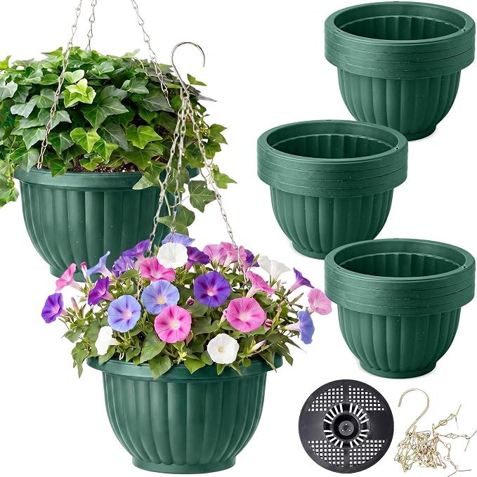 12 Sets Hanging Planters for Indoor and Outdoor Plants Self Watering Hanging Basket Flower Pots Plastic Plant Pots with Drainage Hole and Absorbing Tray(Green,10 Inch)