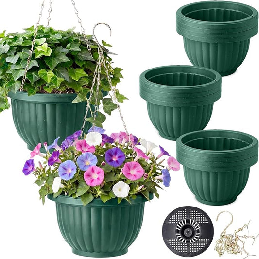 12 Sets Hanging Planters for Indoor and Outdoor Plants Self Watering Hanging Basket Flower Pots Plastic Plant Pots with Drainage Hole and Absorbing Tray(Green,10 Inch)