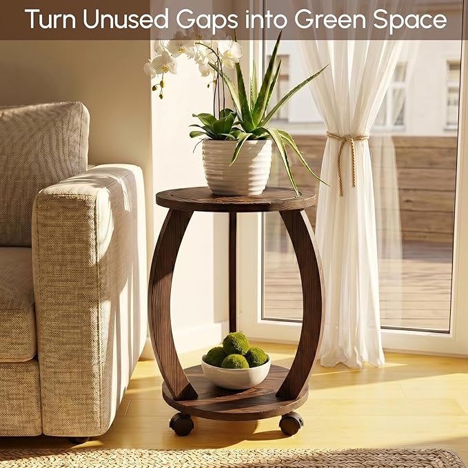 2 Pack 2 Tier Wooden Plant Stand Indoor with Wheels – Tall Plant Stand for 6-12 Inch Pots, Mid-Century Modern Rustic Plant Table Indoor, Pedestal Stand for Corner, Living Room, Balcony