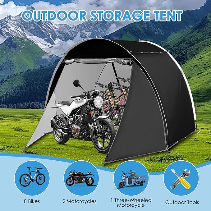 Bike Storage Tent, 98.4 x 82.7 x 65 in,Outdoor Portable Bike Storage Shed, 210D Oxford Fabric PU4000 Waterproof, 2 Rolling Doors, Store 4~8 Bikes, Motorcycles or Large Motorcycles, Without Floor