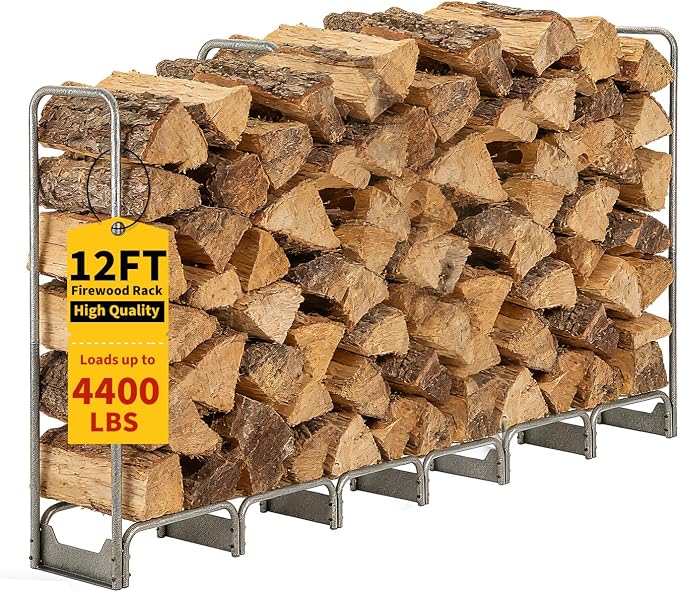 PeakPursuit 12FT Firewood Rack with 600d Oxford Waterproof Cover, Heavy Duty Indoor/Outdoor Steel Log Storage Rack - Wood Pile Holder Stacker Organizer for Fireplace, Patio, Fire Pit, Backyard