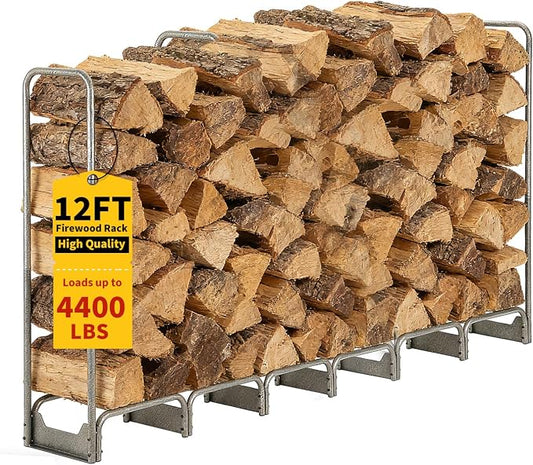 PeakPursuit 12FT Firewood Rack with 600d Oxford Waterproof Cover, Heavy Duty Indoor/Outdoor Steel Log Storage Rack - Wood Pile Holder Stacker Organizer for Fireplace, Patio, Fire Pit, Backyard