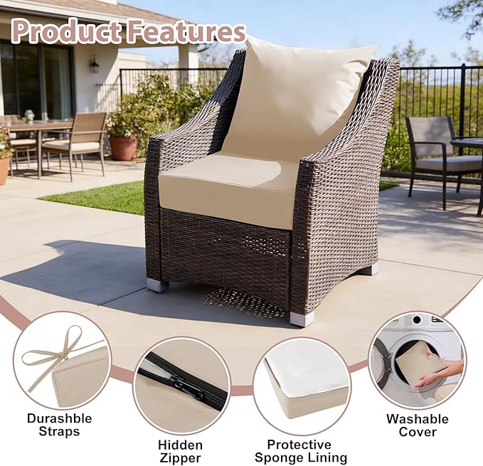 Outdoor Deep Seat Cushion Set, 24x24 Inch Water-Resistant & Fade-Resistant Outdoor Chair Cushions, Patio Furniture Cushions with Removable Cover for Patio Chair, Sofa, Beige (Set of 4)