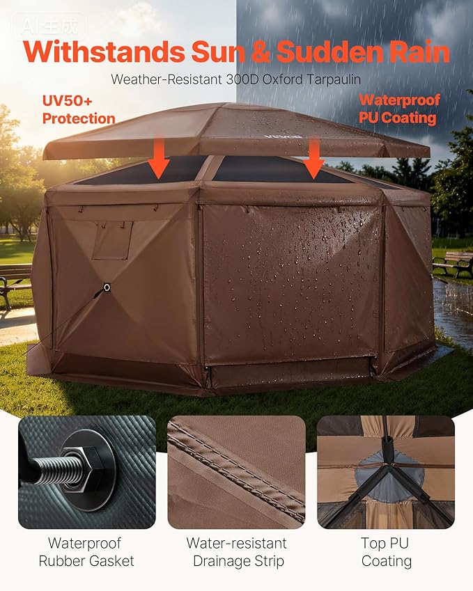 VEVOR Pop up Gazebo Screen Tent, 15 x 15 ft Large 8-Sided Camping Canopy Tent with Removable Top & Carry Bag, Quick-Set & Bite-Proof, Screen House Sun Shelter for 12-15 Persons Backyard Patio, Brown