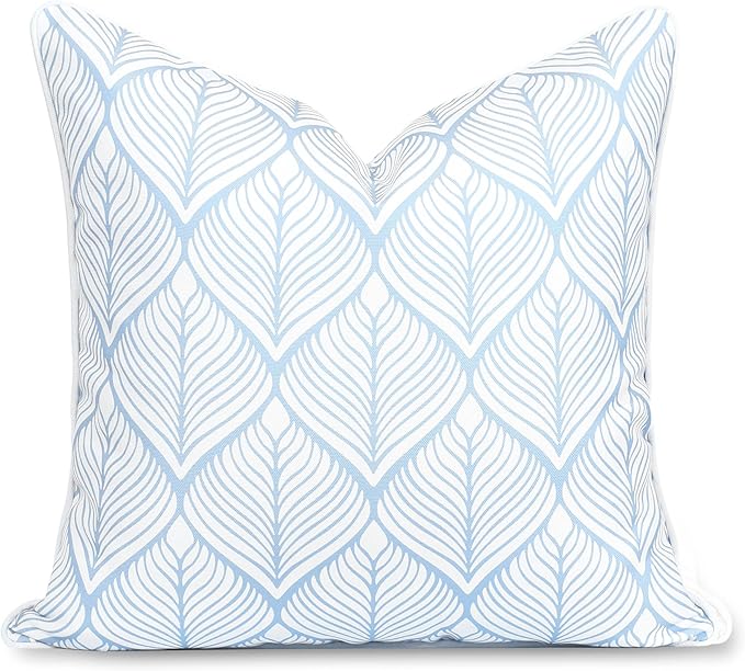Hofdeco Premium Coastal Patio Indoor Outdoor Throw Pillow Cover Only, 20"x20" Water Repellent for Backyard, Couch, Baby Blue Print Geometric Leafs
