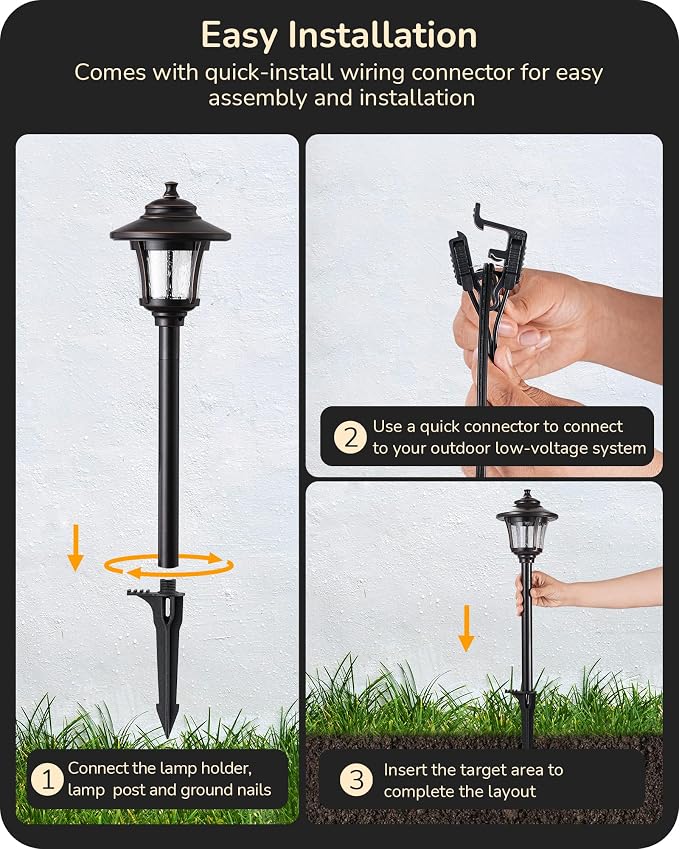 EDISHINE Low Voltage Landscape Lights, 12V 3W 120LM 3000K Seed Glass Outdoor Landscape Path Lights with Connectors, ORB Waterproof Electric LED Pathway Light Wired for Walkway Garden Yard, 6 Pack