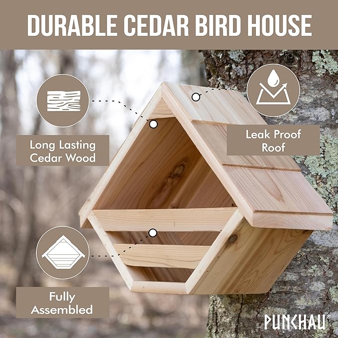 Cedar Mourning Dove Nesting Box - Dove Bird House for Outside Nesting, Outdoor Natural Rough Cut Cedar Bird House w/Natural Shingles (Style 2)