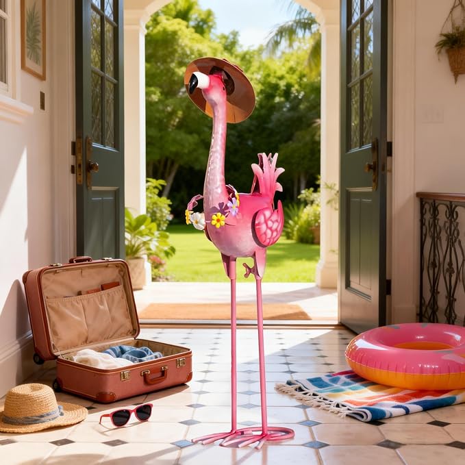 Natelf Flamingo Metal Garden Statue Outdoor Pink Hawaii Flamingo Yard Art Sculpture Decor with Flower Lei & Straw Hat, Waterproof Rust-Proof Lawn Decor for Pool, Beach, Patio, Poolside, Tropical Party