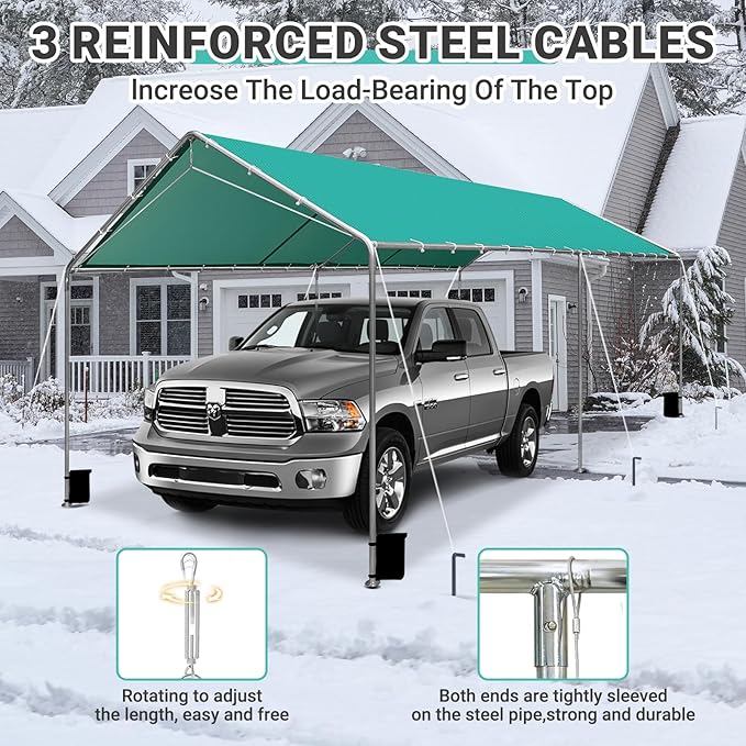 Heavy Duty 10 X 20 Ft Easy to Assemble Metal Car Canopy Shelter with Reinforced Steel Cables, Outdoor Portable Garage for Car, Boat Tent, Green