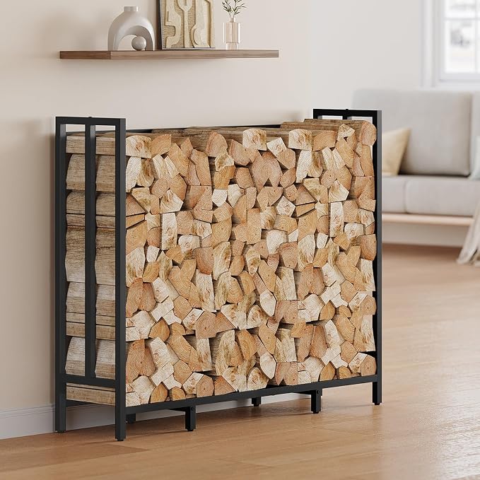 MAHANCRIS 4ft Firewood Rack Outdoor with Oxford Cover, Heavy Duty Firewood Log Rack and Waterproof Cover with Zipper, Wood Racks for Fireplace, Indoor Firewood Storage, Black, FKBK12401