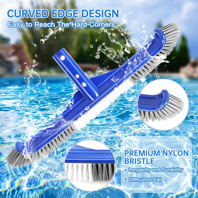 Pool Brush Head, 17" Pool Brushes for Cleaning Pool Walls, Curved Ends High-Efficiency Pool Scrub Brush,Premium Nylon Bristles Pool Brush with EZ Clip