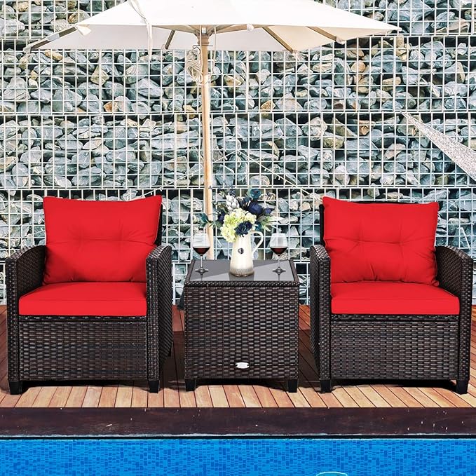 COSTWAY 3PCS Patio Furniture Set, PE Rattan Wicker Sofa w/Washable Cushion and Coffee Table, Tempered Glass Tabletop, Outdoor Conversation Set for Balcony, Porch, Yard, Backyard, Lawn, Red