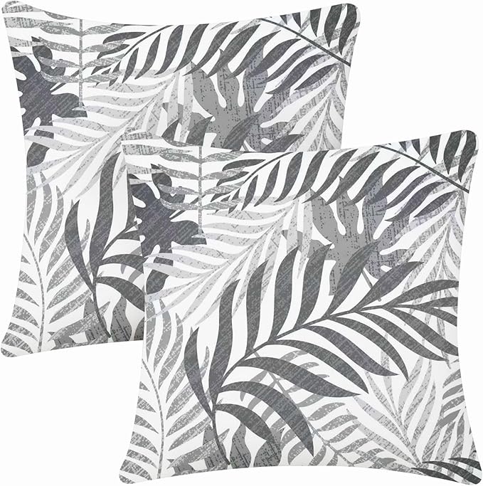 Allorry Outdoor Pillow Covers 18x18 Set of 2 Hawaii Tropics Palm Leaves Grey Floral Pattern Decoration Pillow Covers for Spring Summer Outdoor Waterproof Garden Patio Sofa Bed Decor JB010-H18