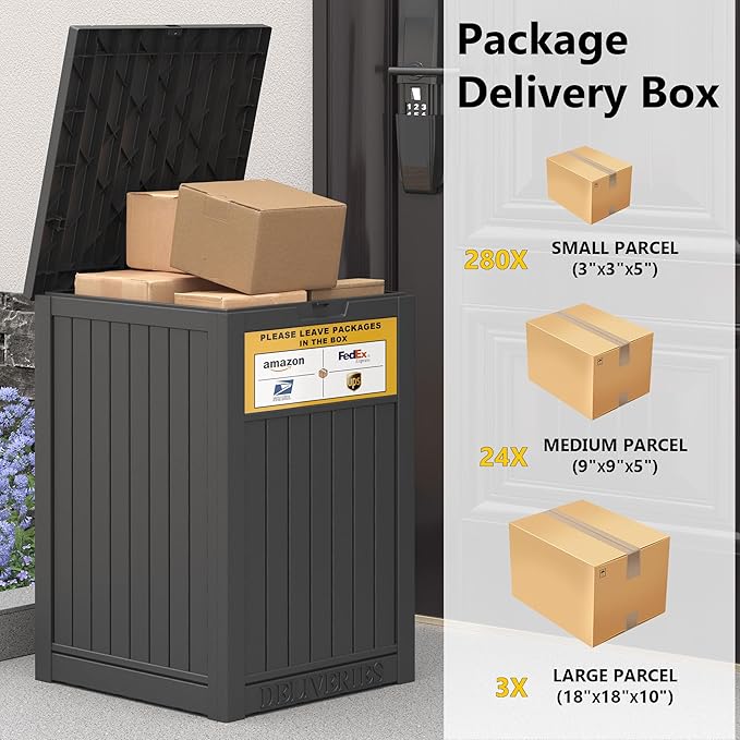 LHBGO Package Delivery Box for Outside, with Delivery Sign 48 Gallon Storage with Lockable Secure, Large Resin Outdoor Package Drop Container