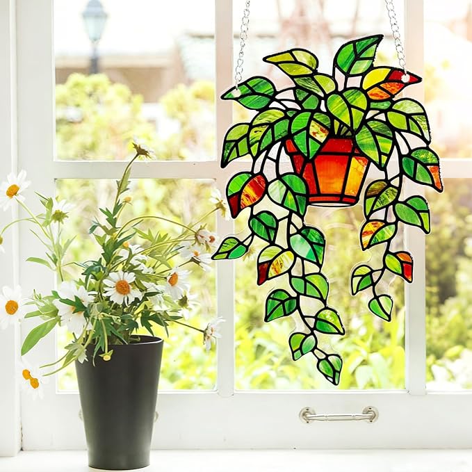 Plant Suncatcher Glass, Stained Glass Suncatcher Plant Window Hanging, Unique Nature Lover Gifts Leaf Ideas