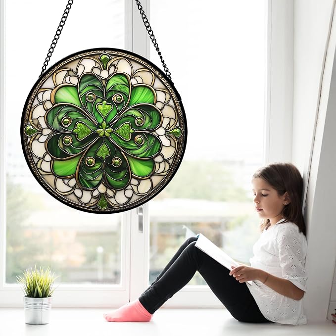 DASTOLL Stained Glass Window Hanging St. Ripak Festival Green Lucky Clover 9.8" - Suncatcher Door Garden Sun Catcher Ireland Decor Mother's Day for Mom Woman Her Men Sisters