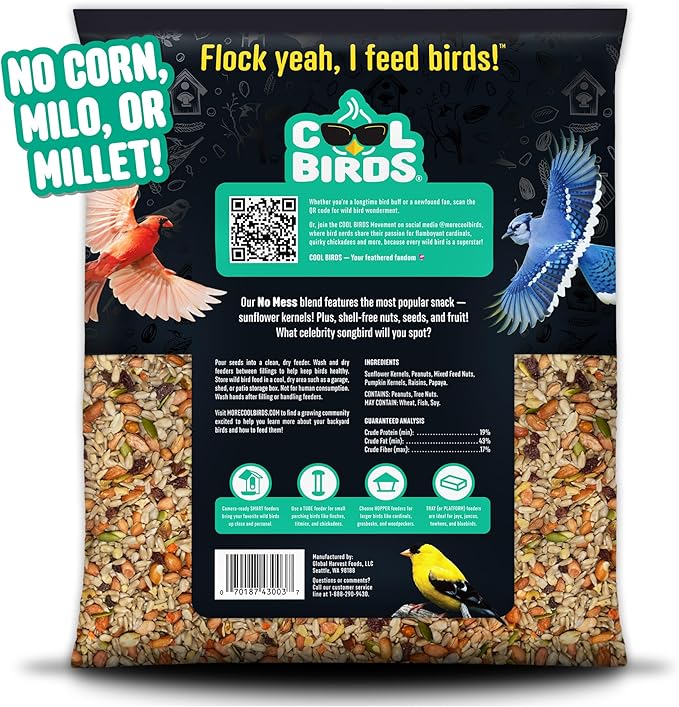 Cool Birds No Mess with Fruit Wild Bird Seed – 10 lb. 100% Edible Shell-Free Blend with Sunflower Hearts, Peanuts, Tree Nuts, Pumpkin Seed & Real Fruit – No Waste Bird Seed for Outside Feeders
