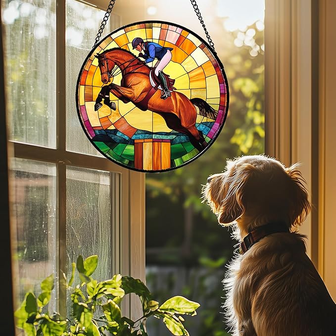 DASTOLL Stained Glass Window Hanging Equestrian Sports Large 15" - Horse Suncatcher Door Garden Sunroom Sun Catcher Home Decor Birthday Christmas for Mom Men Woman Nana