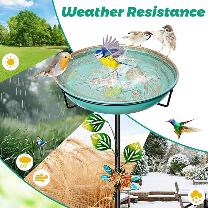 Metal Bird Bath for Outside, 35.4In Vintage Freestanding Garden Birdbaths & Birdfeeder with Upgraded 5 Prongs Base, Bird Baths Feeder Water Bowl for Outdoors Patio Yard Lawn Art Decor (Retro Green)