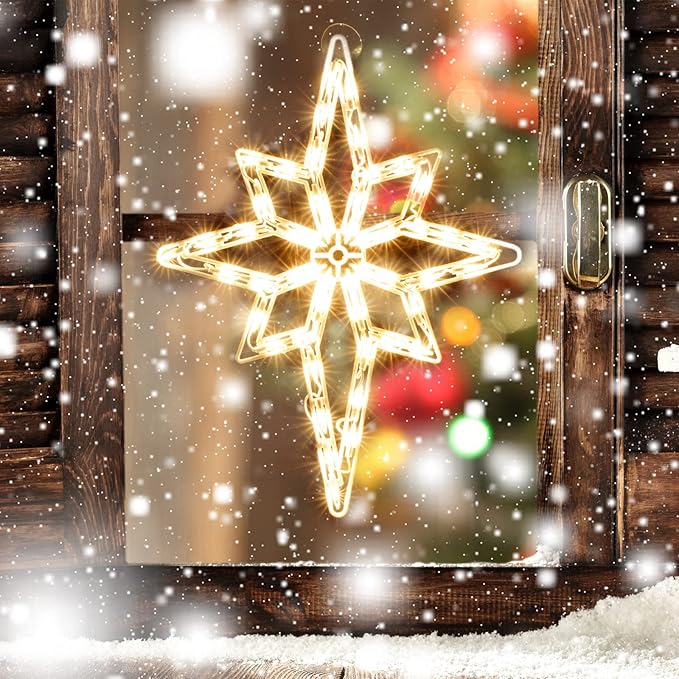 Christmas Window Silhouette Lights, Lighted Star of Bethlehem Double Sided Decorations with 50 Count Incandescent Mini Light, for Holiday Indoor Wall Door Glass Decor