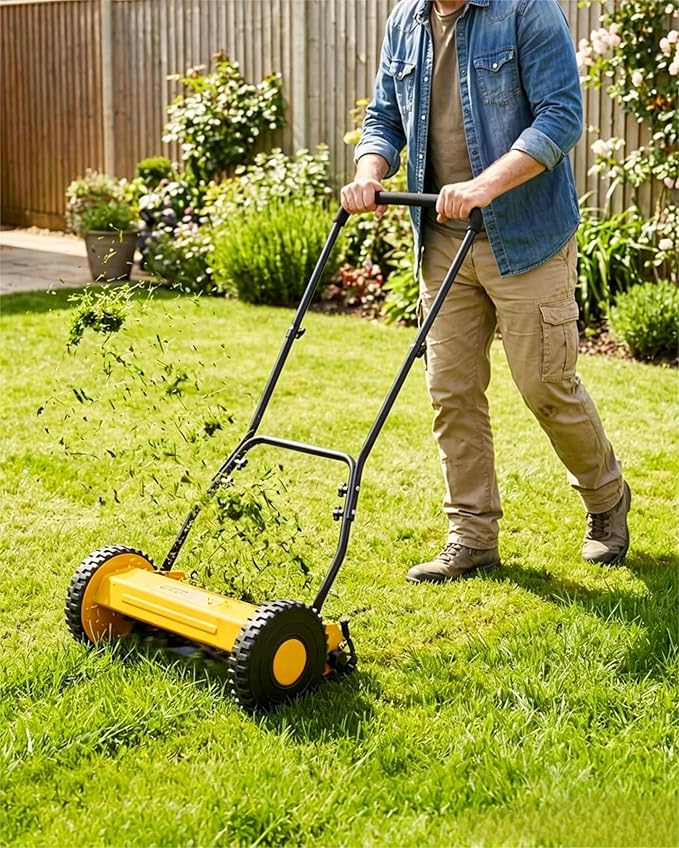 GarveeLife 5-Blade Push Reel Lawn Mower, 16-Inch Manual Push Grass Cutter, Adjustable Cutting Height, Lightweight & Easy Assembly for Small/Medium Yards, Compact Storage, Quiet Eco-Friendly