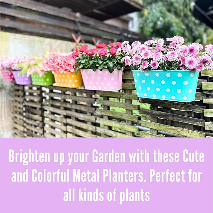 LaLaGreen Rail Planter (17 Inch, 6 Pack) Colorful Polka Dot Hanging Flower Pots Railing Fence Balcony Gardening for Apartment Patio Planters Iron Garden Outdoor Deck Decoration Porch Decor