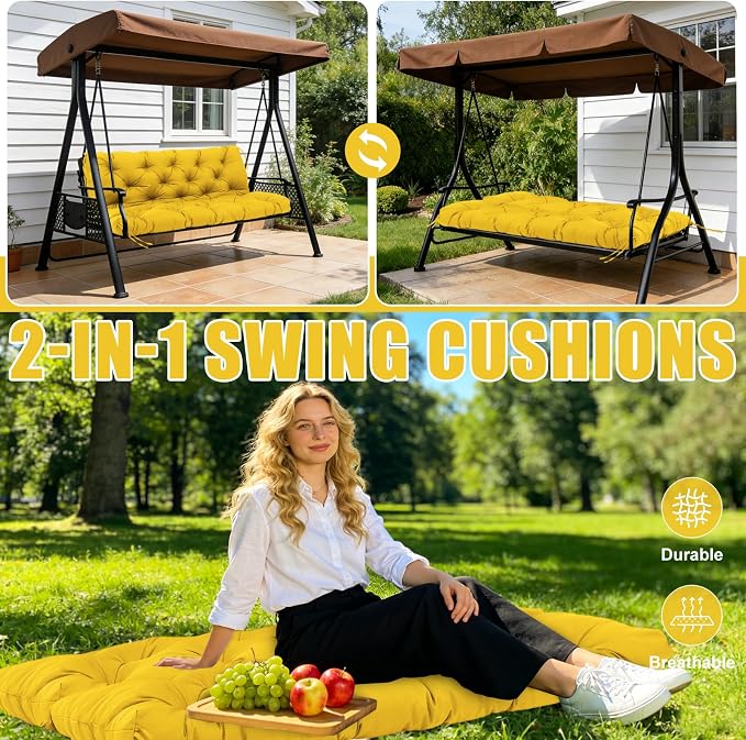 Porch Swing Cushions 48 inch Waterproof & Fade Resistant Thicken 5" Outdoor Swing Cushions 2 Seater Replacement with Backrest & Ties Patio Swing Cushions for Outdoor Furniture (Yellow)