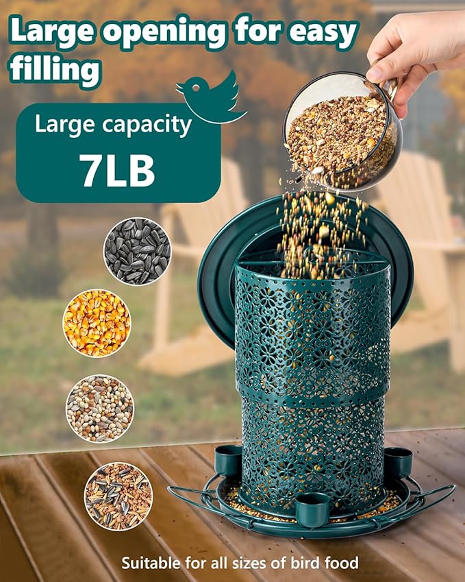 Metal Bird Feeders for Outdoors Hanging, Weather Resistant Wild Bird Feeder with 360 Degree Feeding Tray, Green (Vintage Green)