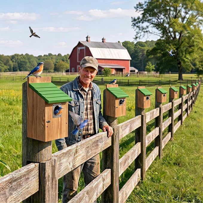 Dreyoo 8 Pack Bluebird Houses for Outside with Metal Predator Guard, 1-1/2" Entrance Hole Wooden Blue Bird Houses for Outdoors, Bluebird Nesting Box with Screwdriver(Green Roof, Burnt Wood Body)