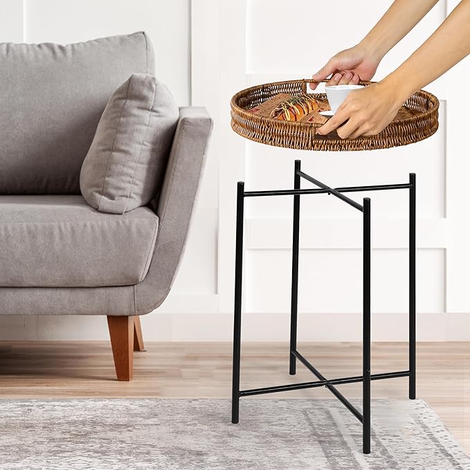 DINGTAI Small Wicker Round End Table, 16.5 in Rattan End Tables with Removable Tray, Waterproof Sofa Coffee Side Table, Indoor Outdoor Side Tables for Patio, Living Room Bedroom Office