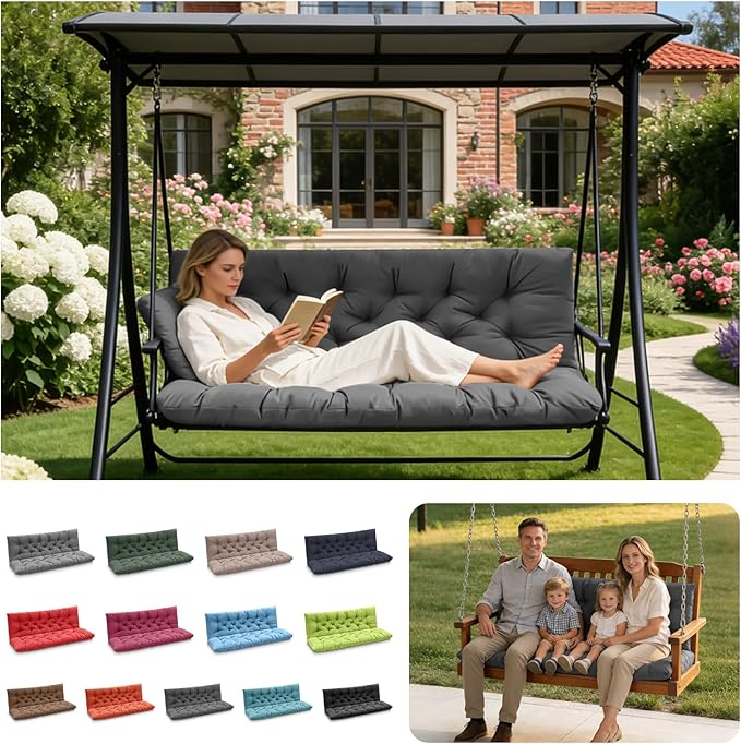 Porch Swing Cushions, Outdoor Swing Replacement Cushions 3 Seater with Backrest, Waterproof Bench Cushion with Ties,for Patio,Porch, Garden,Backyard