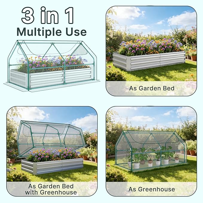 Miory Raised Garden Bed with PE Cover, 6x3x1 FT Galvanized Planter Box Outdoor with Greenhouse Cover, 2 Large Zippered Screen Windows for Vegetables, Flowers, Includes Labels & Gloves
