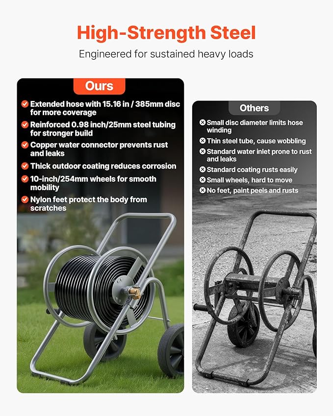 VEVOR Hose Reel Cart, 200/300 ft High-Pressure Garden Hose Cart, Hoses Reel Carts with Two Wheels, Handle & Heavy-Duty Mesh Storage Basket, Portable Hoses Reels for Garden Watering, Car Washing