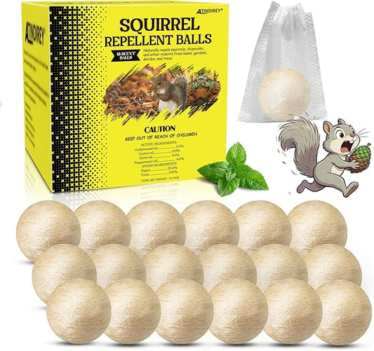 Squirrel Repellent Balls- Chipmunk & Rodent Deterrent for Outdoor & Indoor Use, Attic, Garden, Cars, Bird Feeders - Safe for Pets & Kids, Lasts 30-60 Days (12)