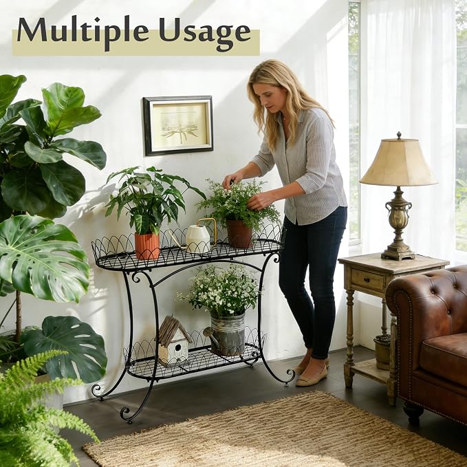 Black Two-Tier Plant Stand with Ornate Edge, 39-inch Long Top Shelf & Waistline Legs, Pots Stand, Fantastic Garden Decor for Indoor Outdoor Use