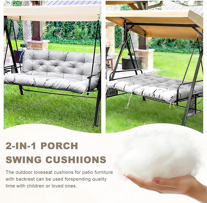 Porch Swing Cushion with Backrest,Waterproof Bench Cushion for Outdoor Furniture,2-3 Seater Replacement Thickened Swing Cushion with Ties,Patio,Outdoor,Backyard and Garden (Light Gray,40x40)