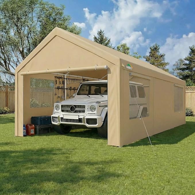 COBIZI Carport 10x20 FT Heavy Duty Portable Garage, Powder Coated Frame(Better Than Galvanized), Built-in Sandbags, Removable Sidewalls & Waterproof Shelter & Windows,for Car/Boat/SUV, Gray
