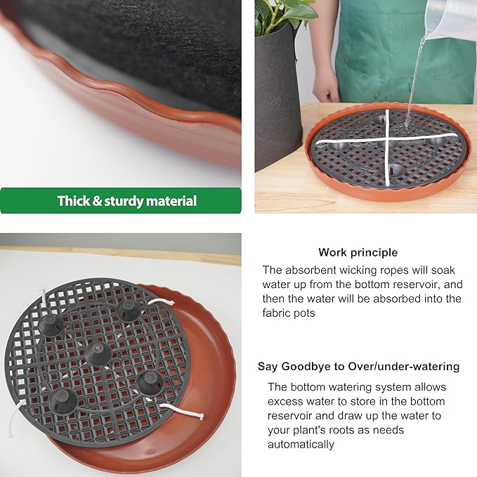 6 Pack 12.6 inch Self Watering Base for 1-5 Gallon Fabric Pot, Automatic Watering Tray System for Non-woven Grow Bag, Plastic Elevated Plant Flower Saucer Stand Growth Tent Greenhouse Indoor Outdoor