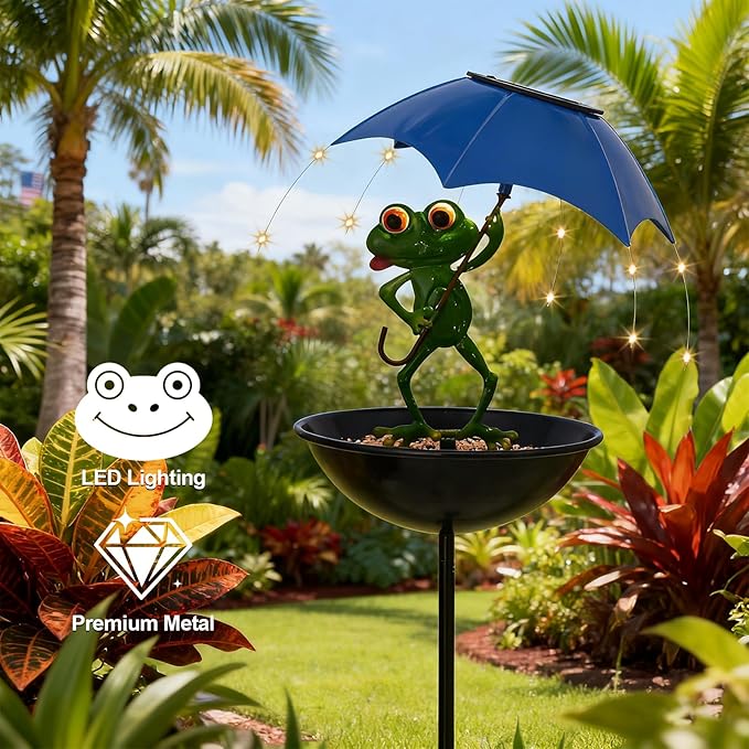 Garden Decor Solar Bird Feeder Frog, Frog Gifts Hummingbird Feeder Decorative Path Lights Yard Art Ornament Bird Feeder,Outdoor Solar Lights Frog Figurine Lights with Umbrella (Frog)