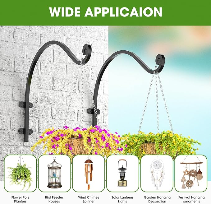 2Pack Heavy Duty Hanging Plant Brackets for Plants Basket Outdoor and Indoor, 16Inch Hanging Brackets Outdoor, 80lbs Holds Metal Plant Hanger Wall Hooks for Hanging Flower Pot Bird Feeder Lanterns