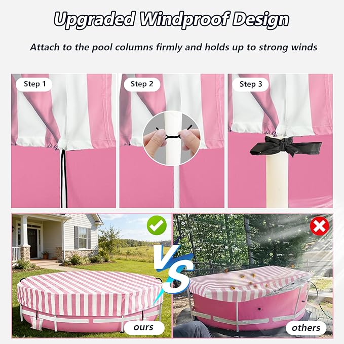 Solar Stock Tank Pool Cover, Waterproof Cover for 8 Feet by 30 Inches Large Round Metal Frame Above Ground Swimming Pool,with Tie-Down Ropes & 4 Sandbags,Increase Stability(Cover only,Pink)